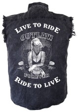 Mens Marilyn Monroe Outlaw Motorcycle Acid Washed Denim Cutoff Biker Shirt