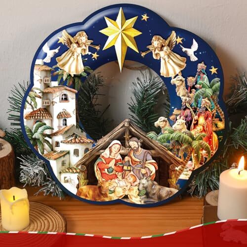 Nativity Scene Wreath Christmas Wooden Ornament Decor Hanging Xmas Wreath Sign - Picture 2 of 7