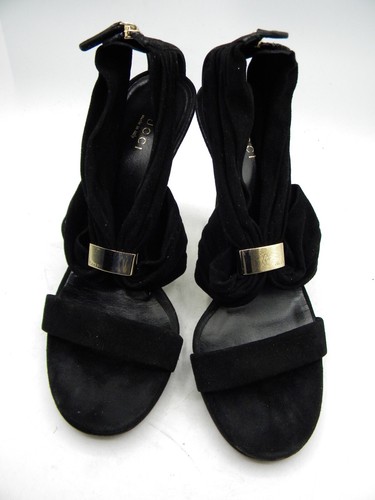 GUCCI Black Suede Strap Gold Logo High Heel Sandals Zip EU 37.5 US 7.5 - Picture 10 of 13