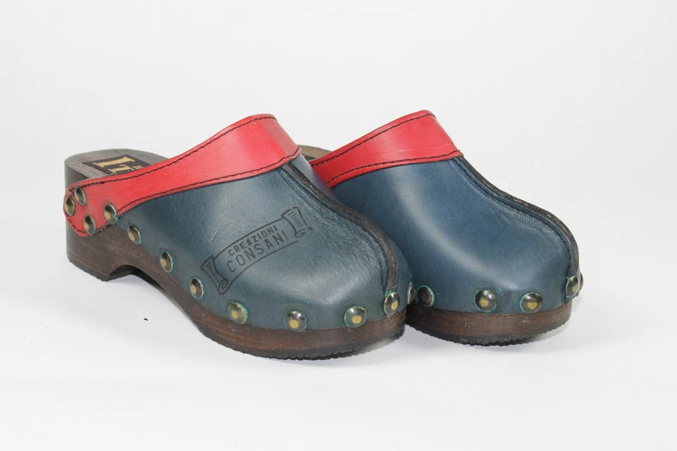 Kinder Clogs blau rot KlapperLatschen Leder Consani TRUE VINTAGE 80s Kids shoes - Bild 4 von 4