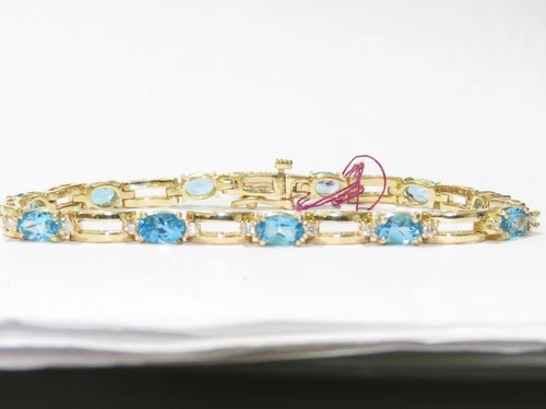 14K GELBGOLD AQUAMARIN & DIAMANT TENNIS ARMBAND 7,25" HELLBLAU - Bild 7 von 7