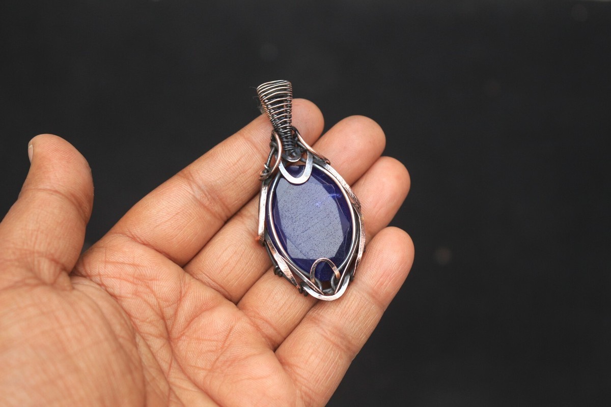Blue Sapphire Faceted Gemstone Copper Wire Wrap Flower Pendant