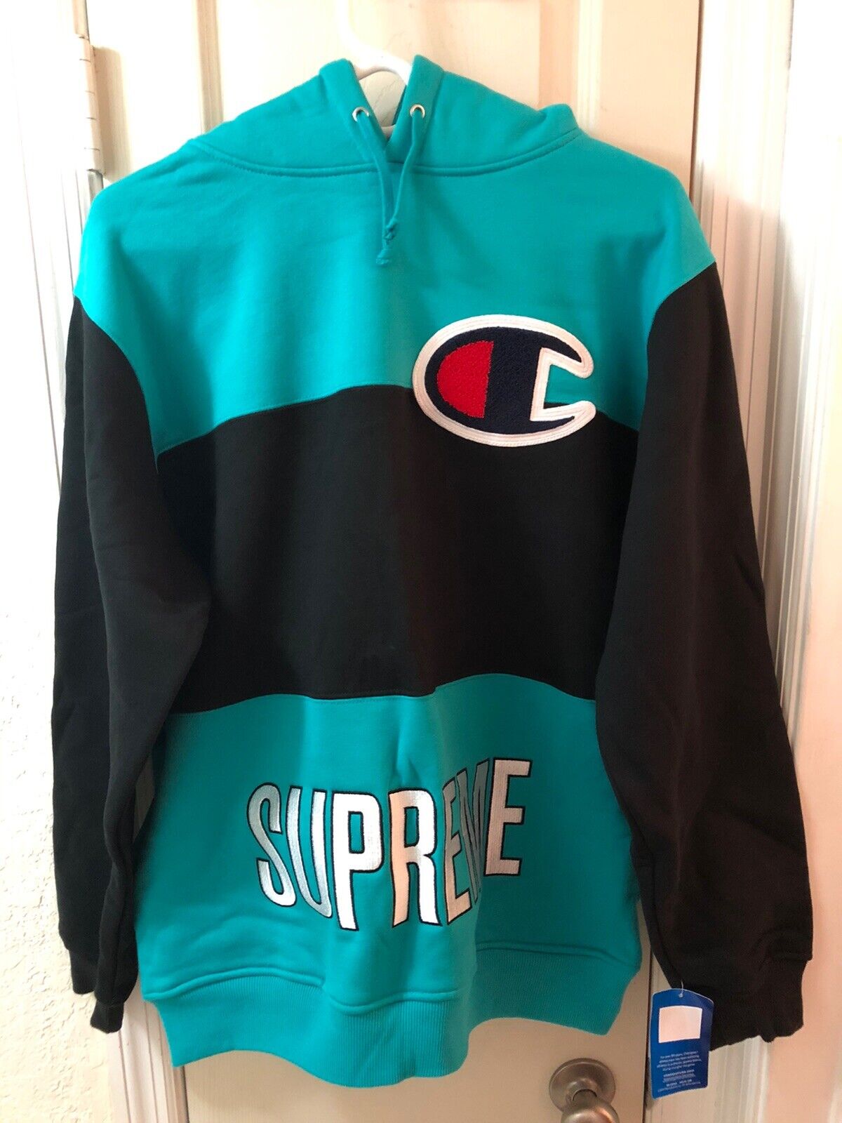 symaskine Føde Føderale Supreme x Champion Hooded Pullover Hoodie Black Teal FW14 NWT Sz L | eBay