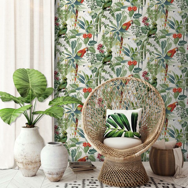Wow Tapete Weiß AF0006 Floral Parrot Exotic Botanisch Wischbar-image
