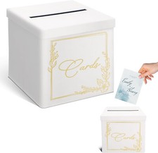 Velvet Wedding Card Box, 9" x 9" Collapsible, White & Gold, Holds 150 Cards