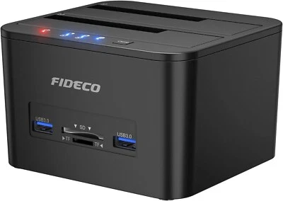 FIDECO Lettore Hard Disk 3.5" e 2.5" HDD SSD SATA 2 slot + USB e SD Clonazione Offline