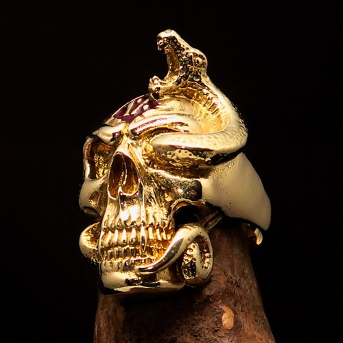 MENS BRASS OUTLAW SKULL AND SNAKE BIKER RING 1% ONE PERCENTER RED SIZE 12.5 - Picture 6 of 7