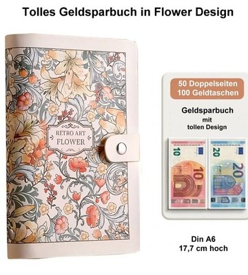 Spar-Challenge-Buch, Bargeldsparbuch mit 100 Geldtaschen Budgetplaner Flower