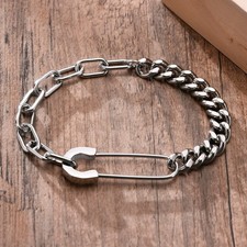 Silver Safety Pin Mixed Chain Bracelet Punk Grunge Rock Goth Jewellery Gift
