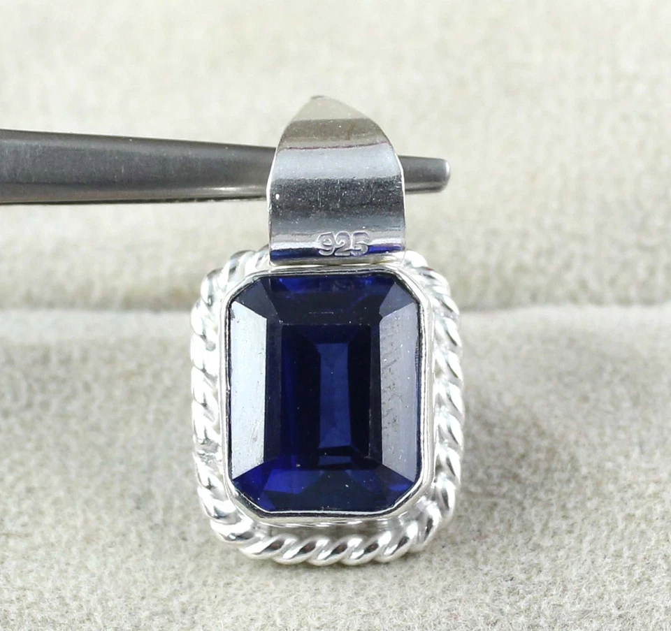 Blaues Saphir 12.80 Ct 10 mm Smaragdschliff Anhänger Herren Echt 925 Silber AGI - Bild 2 von 4