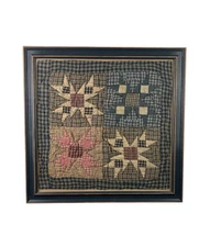 Vintage Framed Patchwork Quilt Square – Primitive Country Americana Art Decor