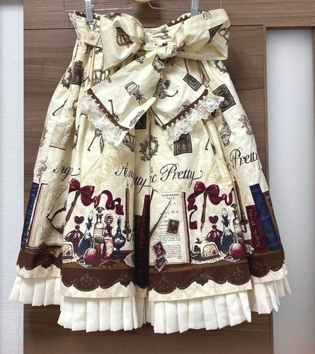 Angelic Pretty Skirt Antique Print 4 Layer Pannier Lace Ribbon Cream