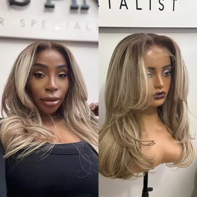 Ombre Ash Brown to Sandy Blonde Layered Cut Wigs 100% Human Hair Lace Front Wigs