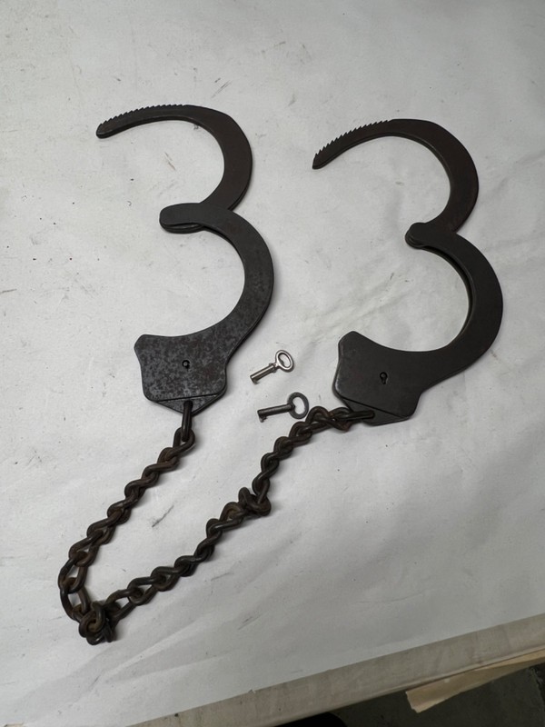 ~EARLY~ PAIR OF IRON "HARVARD LOCK COMPANY NEW YORK" HANDCUFFS / LEG IRONS (NR)