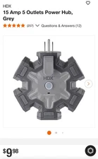 HDX 15 Amp 5 Outlet Power Hub Grey Power Strip Adapter