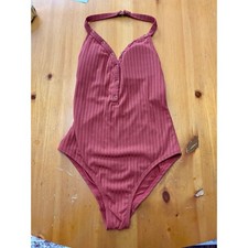 No Boundaries Women Ribbed Halter Bodysuit Rust Orange Snap Front Size S 3-5