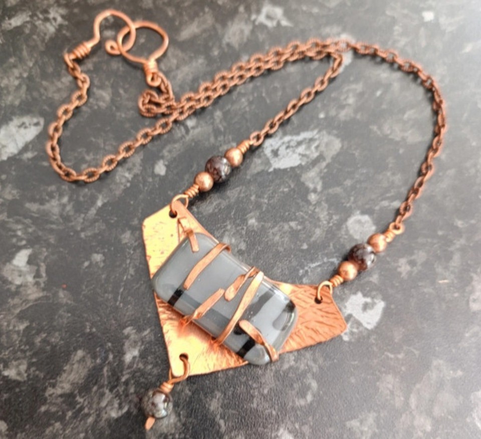 Vintage Brutalist artisan copper tone grey glass panel Statement ...