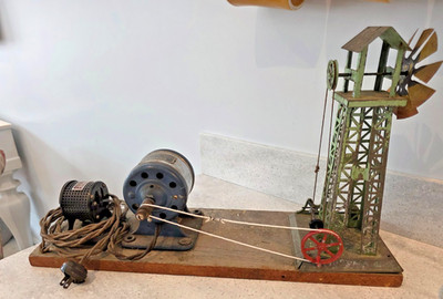 Antique TIN MECHANICAL WINDMILL Original Paint Eskimo Motor Knapp Rhe-o-stat TOY