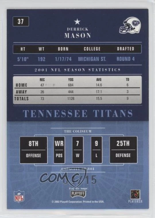 2002 Playoff Contenders 2003 Hawaii Trade Conference /15 Derrick Mason #37 - Image 2 of 2