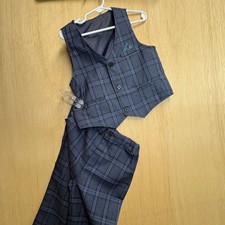 Boys Navy Blue Plaid 2 Piece Vest and Pants Suit Set Size 110 Formal Wedding