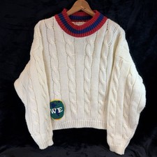 Lord  Taylor Sweater WE Earth Tennis Cricket White Red Blue Vintage Cable Knit