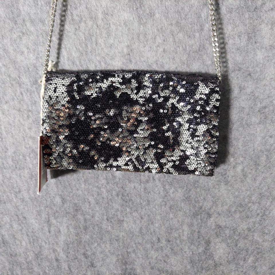 Bolsa Mossimo tiracolo lantejoulas metálicas noite embreagem três dobras prata corrente - Imagem 2 de 4