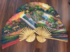 Set of 3 Vintage Hand-Painted Asian Landscape Wall Fans  Bamboo