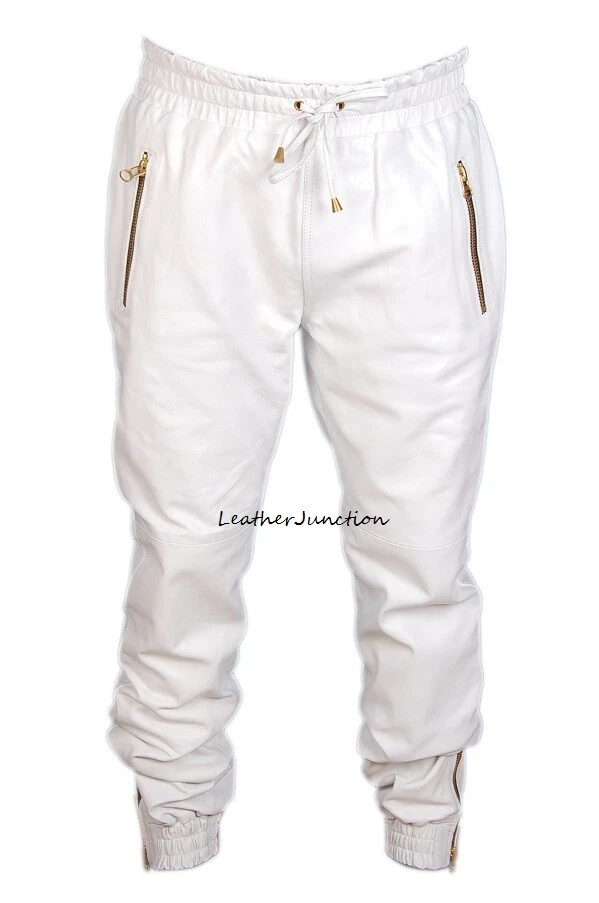 Men's Leather White Lambskin Sweat Pants/Jogger trousers Gym Casual Wear Pant