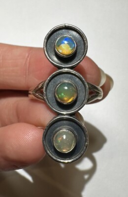 Vintage Exquisite Opal Sterlingsilber Cab Shield Rund Größe 10 Ring DA1