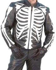 Men's Leather Jacket Skeleton Bones Biker Motorcycle Cowhide leather Jacket Coat