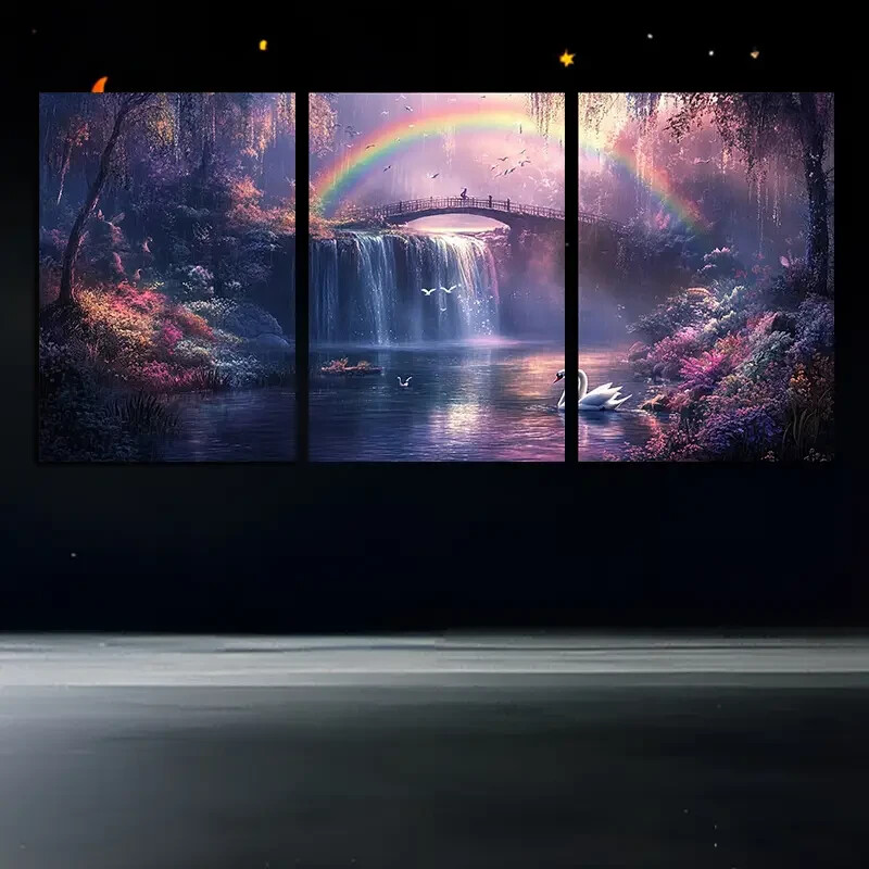 3pcs  Rainbows and Waterfalls on The Bridge Canvas Unframed