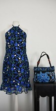 PLT, 10, Blue Black Floral Embroidered Halterneck Short Dress, Floral Handbag