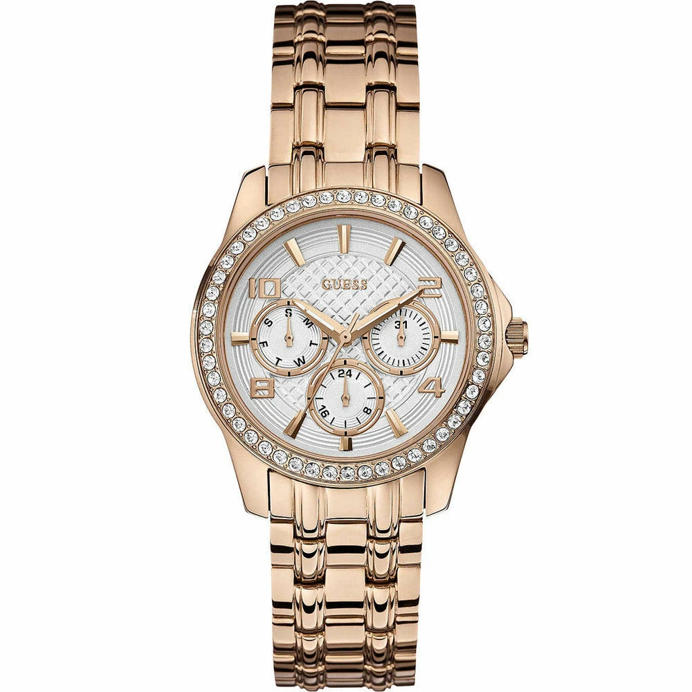 New Guess Ladies W0403L3 Round Dial Crystals Rosegold Band Dress