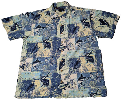 REEL LEGENDS Mahi Mahi MARLIN Men Medium Tropical Blue Cotton Rayon Camp Shirt