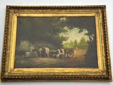 ANTIQUE LANDSCAPE PAINTING FARMER FARM CATTLE PATH MYSTERY SIGNED ORNATE FRAME