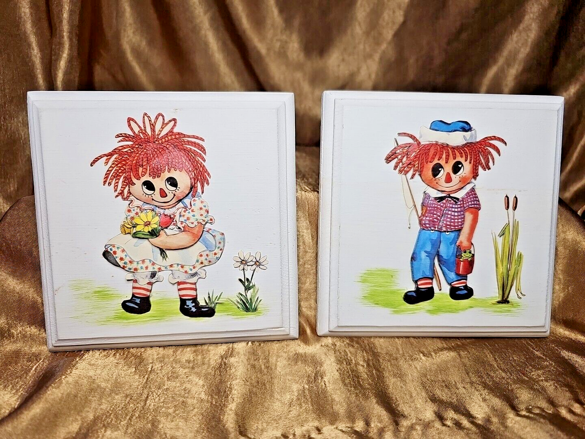Vintage Raggedy Ann & Andy 3-D Decoupaged Hand Painted Puffy