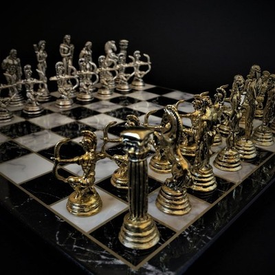 Mythology Chess Set Handmade Wooden Board Metal Pieces Luxury Gift