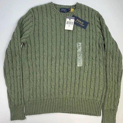NWT Polo Ralph Lauren Cable-Knit Cotton Crewneck in Grey Green Heather Sweater M - Image 1 of 4