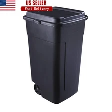 Wheeled Plastic Garage Trash Can Outdoor 50 Gal Durable Shatterproof W/ Handle