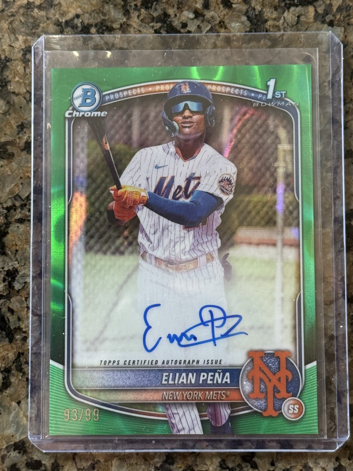 Elian Pena 2025 Bowman Chrome 1ST AUTO Green Lava METS AUTO /99