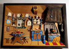 Vintage Wood Folk Art Wooden Kitchen Diorama Shadowbox Music Box Rural Farm 12x8