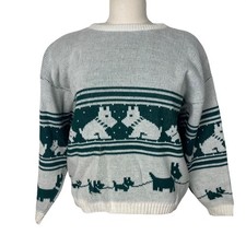 Vintage 80s Westie Scottie Dog Sweater Womens Medium Green Beige Pullover