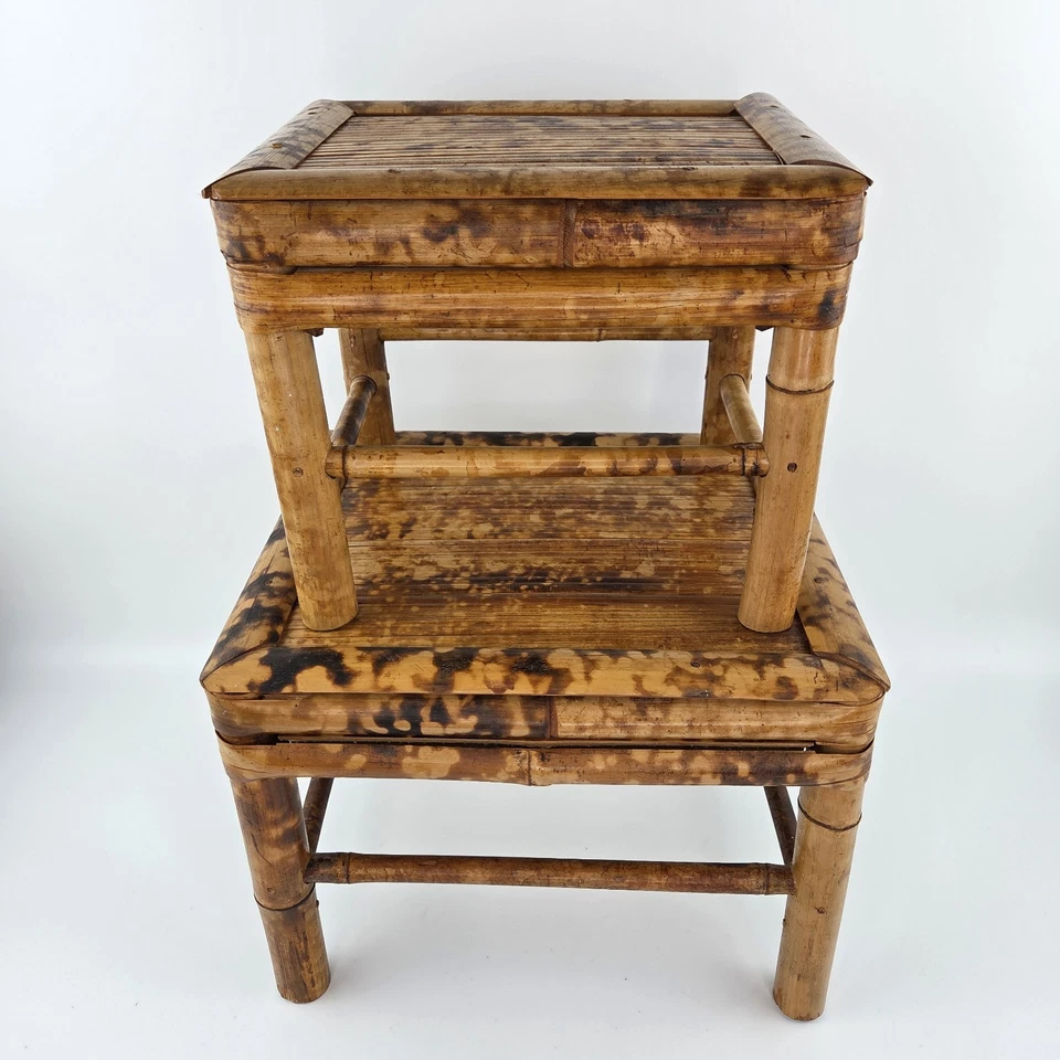 Mesas de anidación de bambú quemado para tortugas soporte para plantas pedestal conjunto chino de colección boho Foto 2 de 4