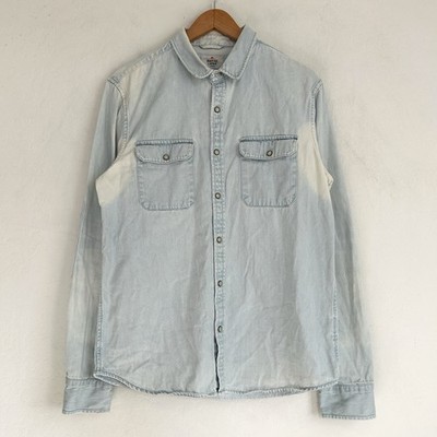 Marine Layer Shirt Men M Denim Elbow Patches Workwear Pearl Snap Light Blue READ