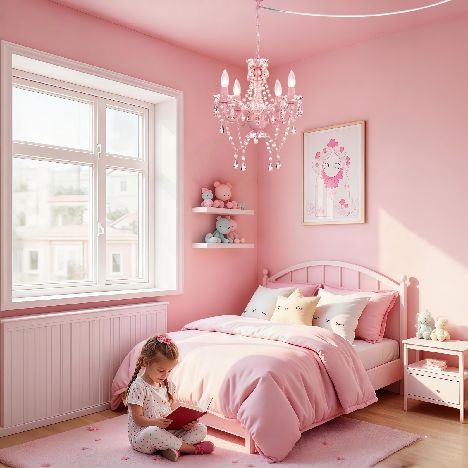 Plug-In Crystal Chandelier Pink 4-Light Mini Ceiling Fixture for Girls Bedroom