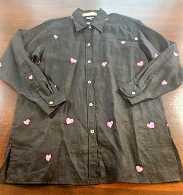 Casey Coleman 100% Black Linen Pink Embroidered Hearts Medium Vintage Valentines