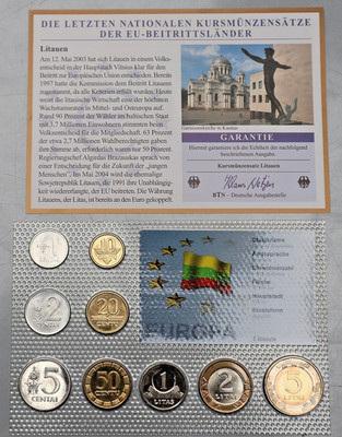 LITAUEN: KMS KURSMÜNZENSATZ (1991/2001): 1 Centas-5 Litai, 9 Münzen, St, COA K14