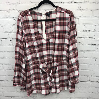 Torrid Top Womens 2X Red Plaid Lightweight Sheer Tie Front Long Sleeve Blouse