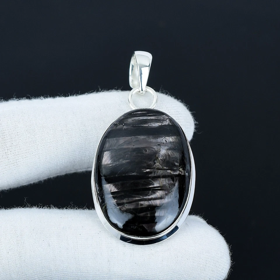 Pendente In Argento 925 Fatto A Mano In Gemma Di Obsidiana Silver Sheen Regalo - Immagine 2 di 4