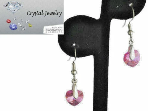 Rosa Pendente Cuore Orecchini Goccia Argento Cz Cristallo Bianco Swarovski USA - Immagine 2 di 4